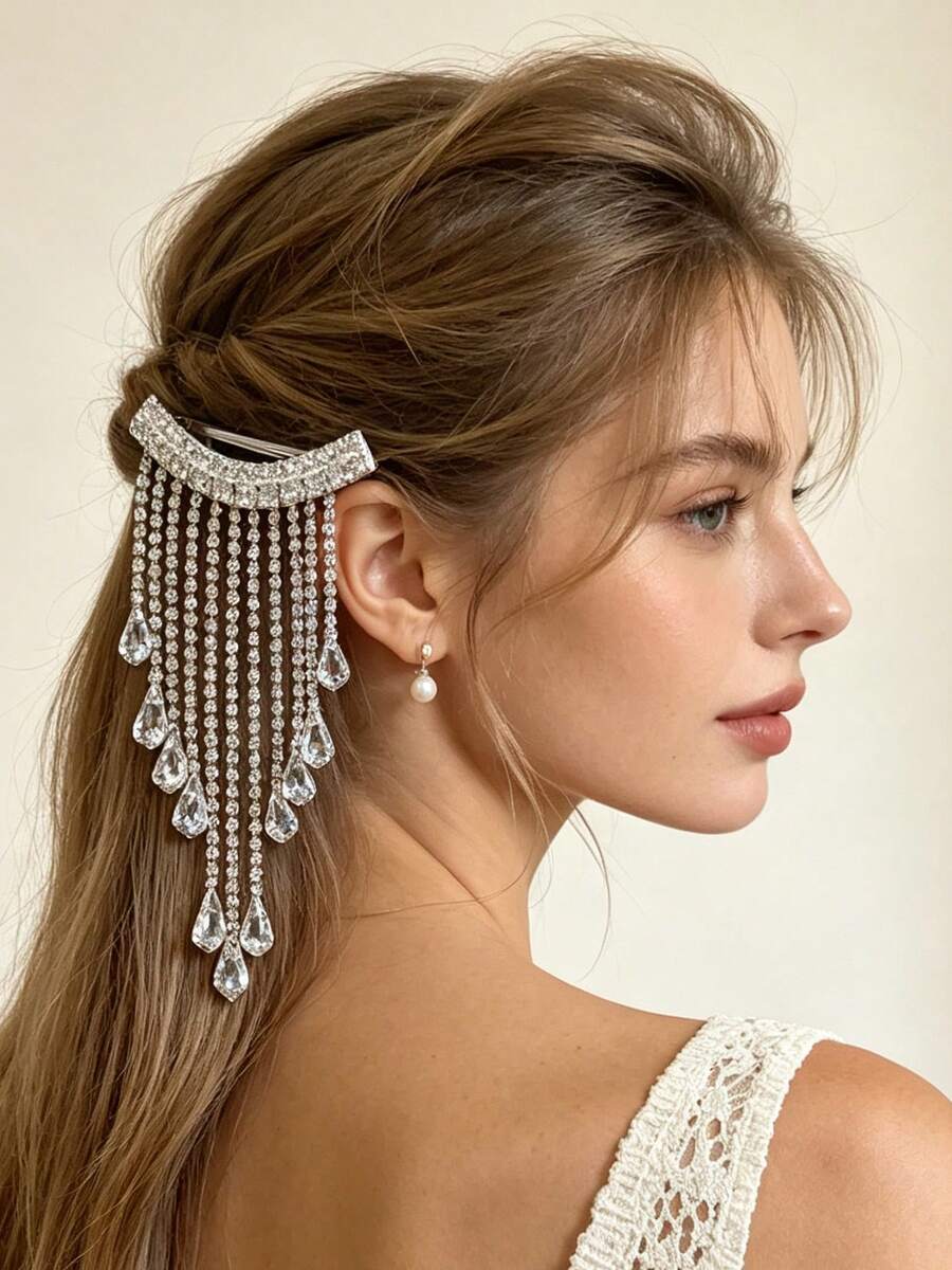 1pc Premium Waterfall Tassel Women's Hair Clip, Heavy Rhinestone Inlaid Water Drop Pendant Luxury Banquet Side Hair Accessory - Multicolor - View 1