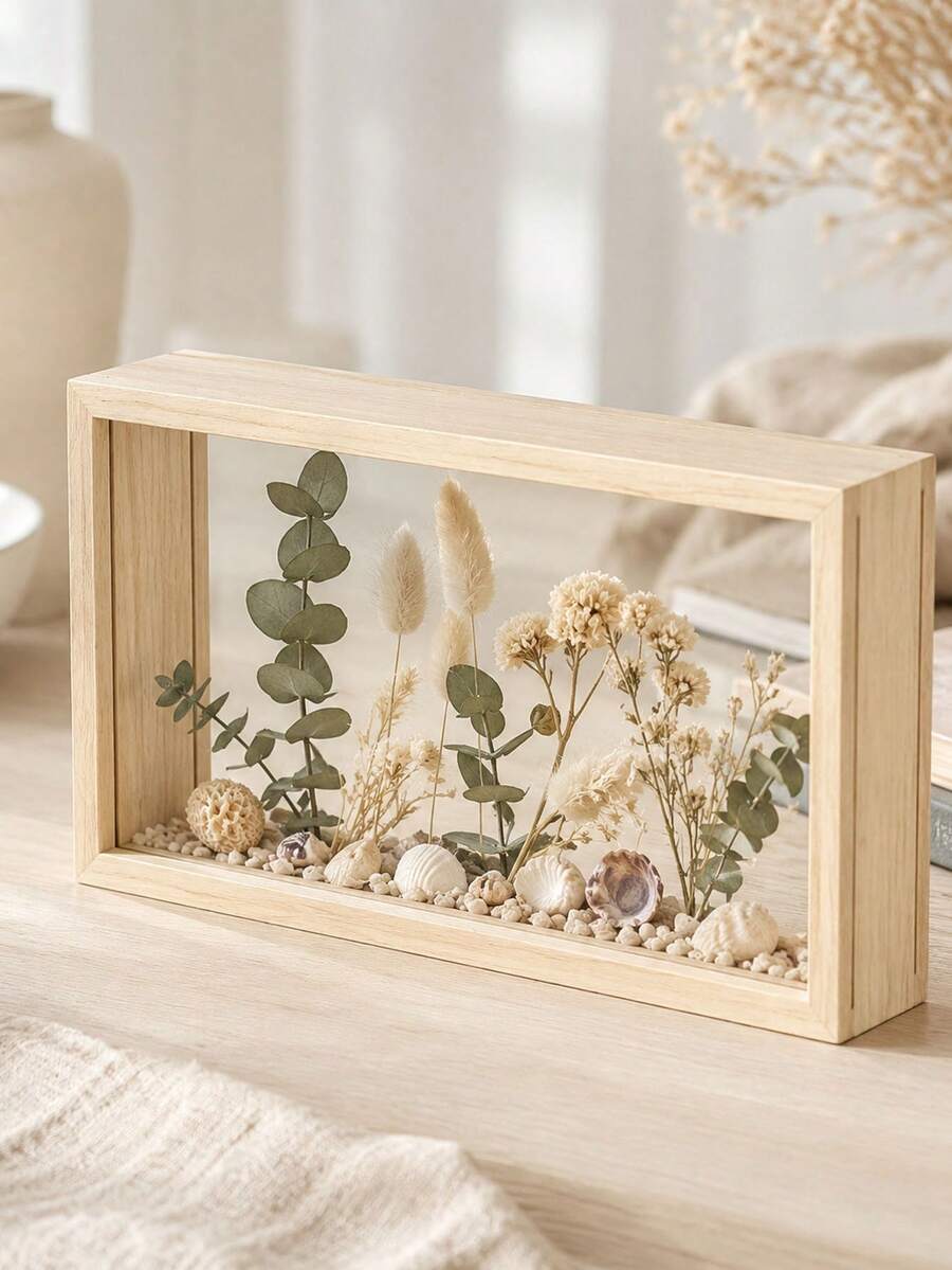 1PC Wooden 3D Suspended Display Frame With Two Transparent Acrylic Panels; Suitable For Displaying Plants, Flowers, Dried Flowers, Photos, Handicrafts, And Home Decor Souvenirs. - Multicolor - View 1