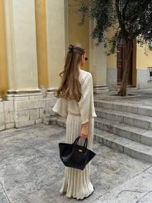 Slouchy Solid Color Ribbed Knit Set, Round Neck Bell Sleeve Short Top + High Waist Mermaid Skirt, Gentle Slimming Autumn/Winter Outfit - Apricot - View 3