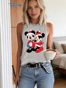 Disney 1pc Women's Tank Top, Christmas Mickey Mouse And Minnie Mouse Graphic Print, Round Neck, Slightly Elastic - Grey - View 1