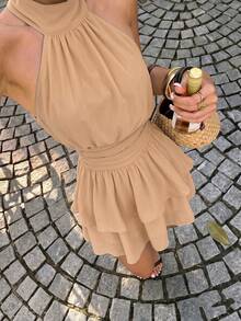 Elegant Fashion Halter Neck Backless Layered Ruffle Mini Dress Wedding Party Fall - Khaki - View 7