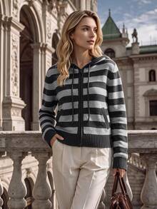 NiceArt Women's Autumn/Winter Striped Vintage Wool Blend Knitted Hooded Cardigan, Zipper Long Sleeve, Autumn Outfit, Office Commute, Social - Grey - View 7