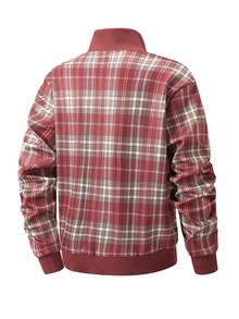 Men's Autumn/Winter Old Money Style Half-Zip Stand Collar Jacket, Plaid Striped Colorblock Pullover Sweatshirt - Red - View 3