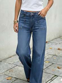 Quần jean denim nữ ống đứng cạp vừa màu wash, túi trước cài nút, thiết kế thường ngày, dễ phối đồ mặc hằng ngày - Rửa tối - Xem 5