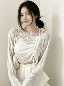 YCYC Women's Korean Style Gentle Design Drawstring Soft Knit Top - Beige - View 2