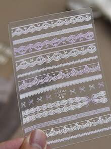 1 Sheet 3D Embossed Light Purple‑White Lace Nail Stickers, Multi‑Width Wavy Hollow Lace Thin Ribbon Bow Patterns, Thin Flexible Soft French‑Style DIY Nail Decals - Multicolor - View 2