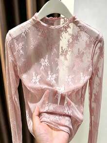 Women's Lace Mock Neck Mesh Long Sleeve Inner Layer Top - Pink - View 6