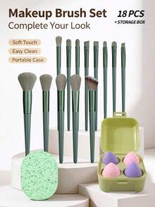 18 Pcs Professional Synthetic Makeup Brush Set, Foundation Powder Concealer Eyeshadow Blush Makeup Brushes With Makeup Puffs And Storage Box, Upgraded Green Makeup Kit - Green - View 3