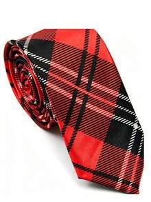 1PC Men's Red Plaid Striped Textured Pattern Preppy Style Tie, Suitable For School, Festivals, Dates, Weddings, Hosting, Daily Wear - Red - View 3