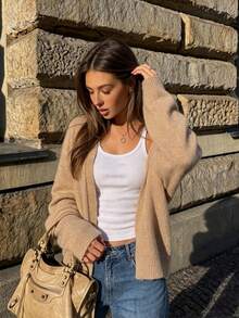 Camel Minimalist Lightweight Soft Plush Knit Cardigan, Long Sleeve Drop Shoulder Casual Sweater, Suitable For Autumn - Camel - View 5