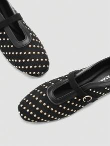 ADAMUMU Black Velvet Full Gold Rivet Mary Jane Shoes, Square Toe Soft Sole Adjustable Single Strap, Sweet Cool Vintage Comfortable For Long Wear - Black - View 6