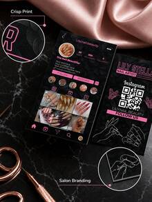 قالب بطاقة عمل فنان أظافر مخصص، تصميم ملف شخصي اجتماعي باللونين الأسود والوردي، بطاقة اتصال صالون شخصية، بطاقة متابعة اجتماعية برمز QR، بطاقة علامة تجارية لفن الأظافر بشكل فراشة، بطاقة عرض محفظة الجمال، قالب قابل للتعديل للاسم والهاتف والموقع والموقع الإلكتروني - متعدد الألوان - مشاهدة 6