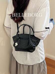 1pc Black Woven Texture Hanging Decor Zipper Large Capacity Handbag Crossbody Bag Minimalist Commuter Style Women's Bag Suitable For Daily Outings Autumn/Winter - Black - View 2