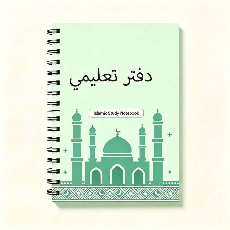 A5 Black Spiral Notebook, Islamic Educational Study Journal With Flat Mosque Silhouette & Arabic Text Cover, Back To School Subject Stationery For Middle East Muslim Students - A5-light Green - View 1
