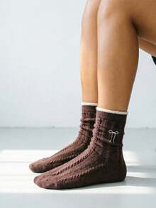 1/2pairs Of Bowknot Embroidery Pattern Wool Socks Autumn And Winter Thickened Medium Tube Socks, Fried Dough Twists Pattern Women's Socks - Multicolor - View 4