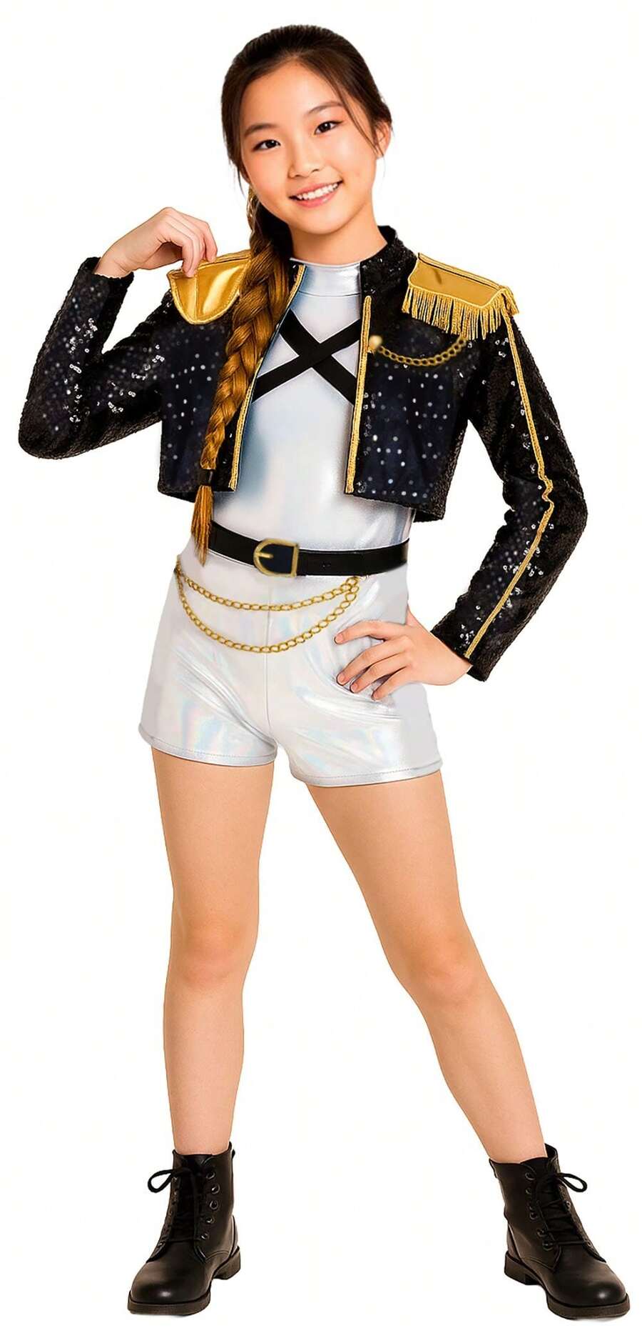 Rubies Silver Pop Star Costume For Girls, Shiny And Fun Complete Costume With Black Jacket Featuring Gold Shoulder Pads, Ideal For Carnival - POP-sTAR SILVER LEADER - View 1