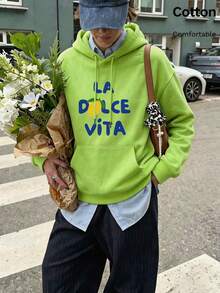 Autumn Women's Hoodie With Blue "LA DOLCE VITA" Lettering And Lemon Print, Drawstring Hood, Kangaroo Pocket, Long Sleeve Y2K - Yellow-green - View 3