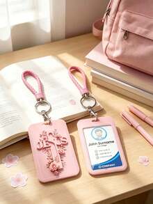 1pc Pink Floral Cross Butterfly Card Holder With Pink Braided Lanyard, Waterproof And Dirt-Resistant Protective Case For Student ID, Access Card, Bus Card, Prevents Bending And Wear, Suitable For School, Office, Daily Commute, Back To School Essential, Gift Option - Rectangle - View 7