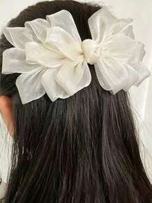 1pc Fashion Elegant Gray Solid Color Mesh Phoenix Tail Hair Clip, Flower Bow Spring Clip, Women's Hair Accessory, Suitable For Party, Formal Occasions, Gift - Grey - View 5