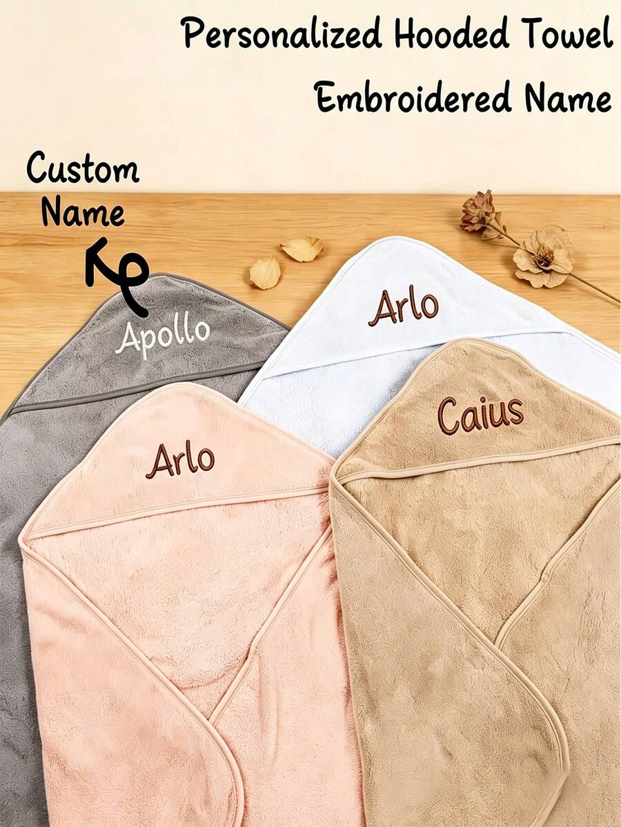 Personalized Embroidered Name Hooded Bath Towel With Corner Pattern, Suitable For Bathtub, Swimming Pool And Beach, Embroidered/Dry Clean Only, Birthday Gift, Beach Party Swimming Pool Towel, Modern Bathroom Accessory - Multicolor - View 1
