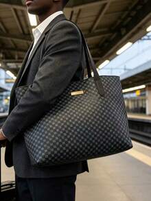 Men's Vintage Checkered Tote Bag Large Capacity Business Briefcase Shoulder Bag Multifunctional Work Office Laptop Handbag For Daily Commute Travel - Black - View 8