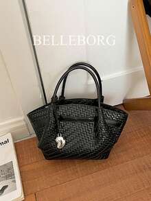 1pc Black Woven Texture Hanging Decor Zipper Large Capacity Handbag Crossbody Bag Minimalist Commuter Style Women's Bag Suitable For Daily Outings Autumn/Winter - Black - View 7