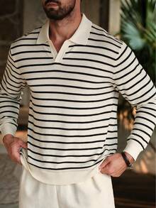 Men's Autumn/Winter Casual Striped Knit Sweater, Turn-Down Collar, Loose Fit, Horizontal Stripes, Color Block, Pullover Long Sleeve Polo Base Layer - Apricot - View 4