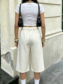 Solid Color Suit Fabric Pleated Decor Casual Mid-Length Pants - Apricot - View 2
