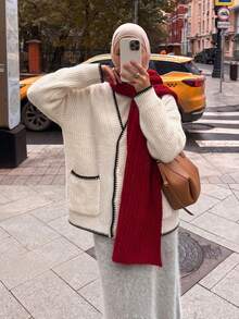 2026 Autumn/Winter New Vintage Street Fashion Elegant Daily French Commute Business Casual Contrast Trim White Cardigan, Winter Sweater Cardigan, Halloween Costume, Pocket Sweater Cardigan, Outing Outfit, Concert Outfit - White - View 3