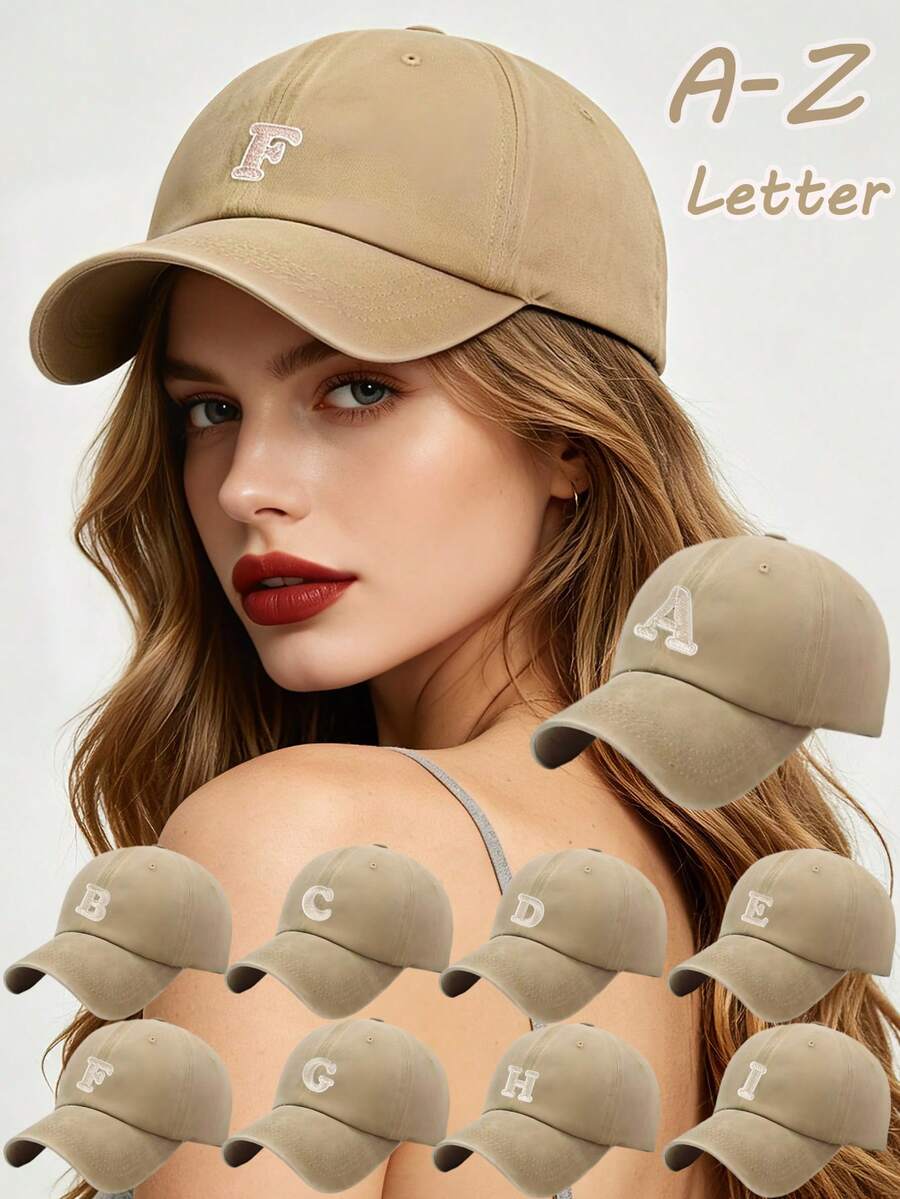 1Pc Women Vintage Washed Baseball Cap, A‑Z Letter Embroidery Soft Curved Brim Dad Hat, Casual Sun Protection Hat For Daily Commute Street‑Style Wear - Khaki - View 1