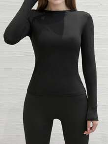 Ribbed Crew Neck Long Sleeve Top, Slim Fit High Stretch Basic Tee, Soft Comfy Solid Color Casual Layering Undershirt For Women - Black - View 1