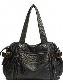 1pc Black Vintage Distressed Leather Multi-Zipper Pocket Handbag & Crossbody Bag, With Brass Hardware, Women's Casual Daily Commute Style - Multi-color - View 11
