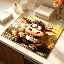 1pc Dish Drying Mat, Coffee Machine Mat, Cute Cartoon Cow Drinking Coffee Pattern Dish Drying Mat, Suitable For Bar, Dining Table, Kitchen Countertop, Autumn Daily Use, Thanksgiving Warm Decor, Multi-Purpose Drying Mat, Home Gift, Desktop Decoration - XYLSD-1041 - View 5