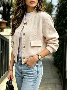 Women's Fall Winter Elegant Bomber Jacket Beige Long Sleeve Clothes Solid Causal Button Up Coat Autumn Going Out Outfits - Apricot - View 4