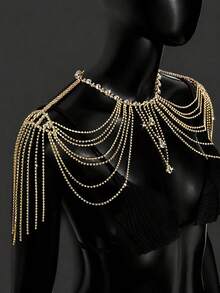 1pc Rhinestone Tassel Shoulder Body Chain, Multi-Layer Waterfall Tassel Water Drop Crystal Shoulder Necklace, Women's Wedding Bridal Shiny Shawl-Style Shoulder Accessory - Rhinestones - View 10