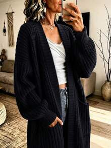 NZZOF Solid Color Knit Long Cardigan, Long Sleeve Dropped Shoulder With Pockets, Loose Fit Autumn/Winter Sweater Jacket - Black - View 3