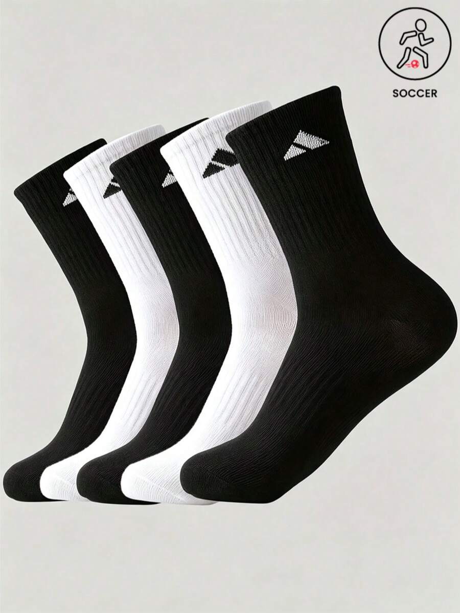5 Pairs Black & White Solid Color Triangle Logo Mid-Calf Socks, Vertical Stripe Daily Commute Sports Socks - Multicolor - View 1
