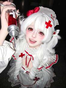コスプレ衣装 ナース メイド服 3 点セット トップス パフスカート アームカバー 白地 赤ライン ストライプ柄 レース装飾 キュート ゴスロリ ハロウィン イベント コミケ 仮装 コスチューム レディース 可愛い 甘め フリル付き パーティー 変装 撮影用 - ホワイト - チェックする 3