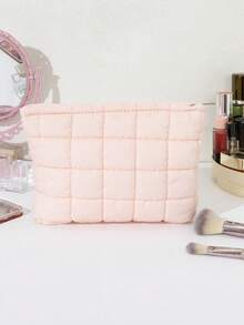 1pc Large Capacity Quilted Polyester Fabric Soft Makeup Bag, Cosmetic Pouch For Phone, Power Bank And Digital Accessories, Solid Color With Zipper, Minimalist Portable Storage Bag For Business Travel, Daily Use, Suitable For Women All Seasons - Multicolor - View 12