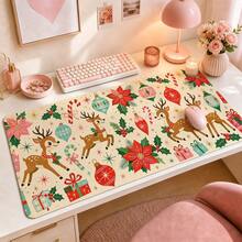 1pc Cute Christmas Reindeer Poinsettia And Candy Cane Print XL Mouse Pad, Festive Keyboard Desk Mat, Holiday Desk Decor Gift - View 3