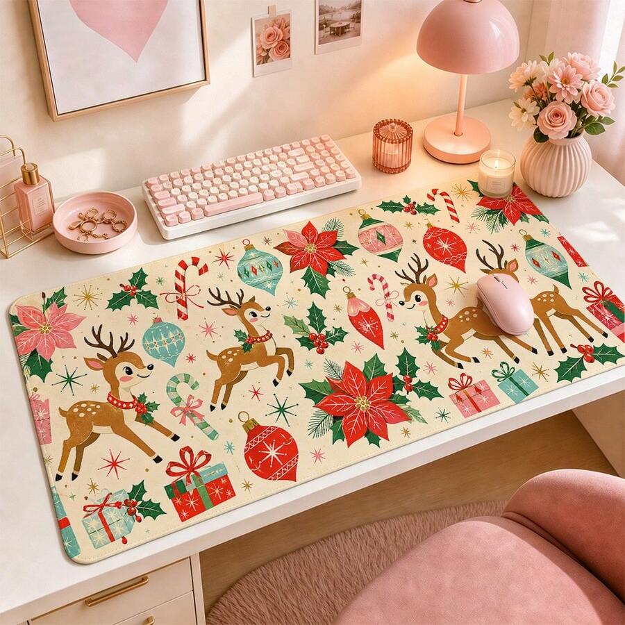 1pc Cute Christmas Reindeer Poinsettia And Candy Cane Print XL Mouse Pad, Festive Keyboard Desk Mat, Holiday Desk Decor Gift - View 1