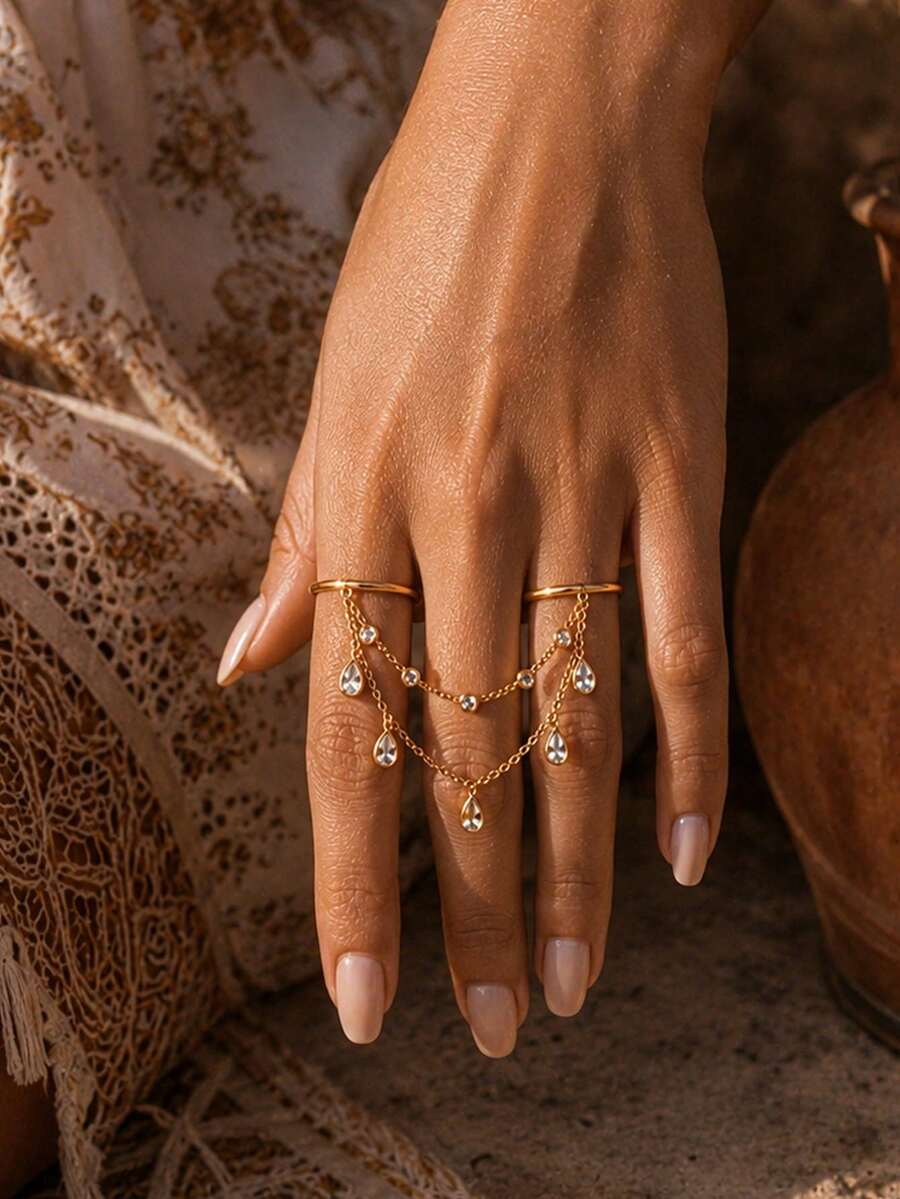 outingfit 1 chiếc nhẫn đeo ngón tay đôi kèm vòng tay tua rua đính đá rhinestone màu vàng cho nữ, trang sức xích tay thanh lịch, phù hợp đi biển, lễ hội âm nhạc, hẹn hò và du lịch - mặt dây chuyền - Xem 1