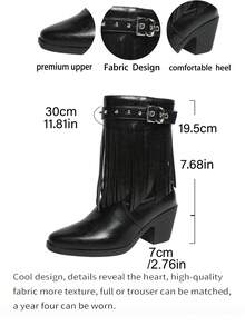 Women's Ankle Boots And Ankle Boots PU Leather Winter New Studded Pointed Toe Mid-Heel Riding Boots Plus Size Chunky Heel British Style V-Cut Retro Tassel Boots - Black - View 9