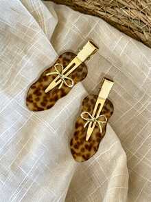 2pcs Leopard Print Cloud Acetate Duckbill Side Hair Clips, Elegant Bow Exquisite Bangs Hair Clips, Loose Hair Clips. Perfect Hair Accessories For Autumn/Winter. - Brown - View 2