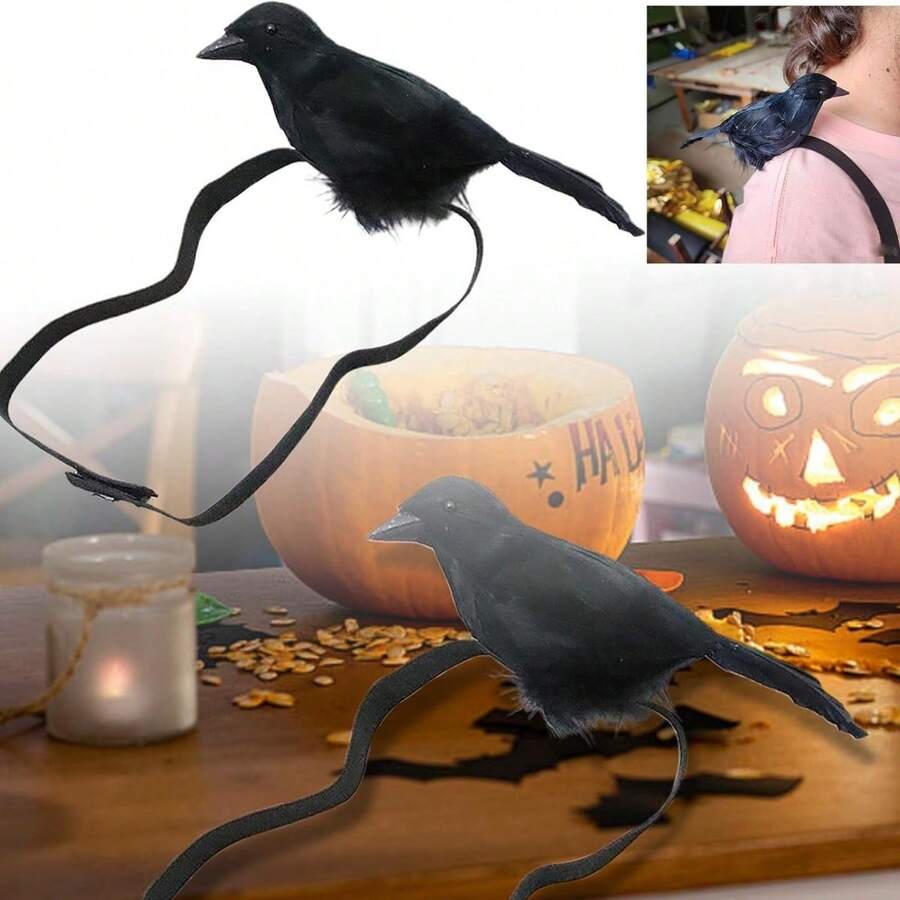 Black Feather Crow Statue, Shoulder Strap Halloween Crow Decoration - A - View 1