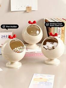 1pc Cream Round Bow Decor Desktop Storage Box, Cute Style Smooth Plastic, Spherical Shape, Flip Top Opening Detail, Cosmetic & Jewelry Display Organizer, Ideal Christmas Gift, Bedroom Vanity Table Home Use - Multicolor - View 5