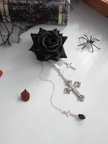 1pc Dark Gothic Baroque Rose Cross Tassel Brooch For Women, Vintage Court Style Accessory For Halloween Party, Ball, Nightclub - Black - View 3