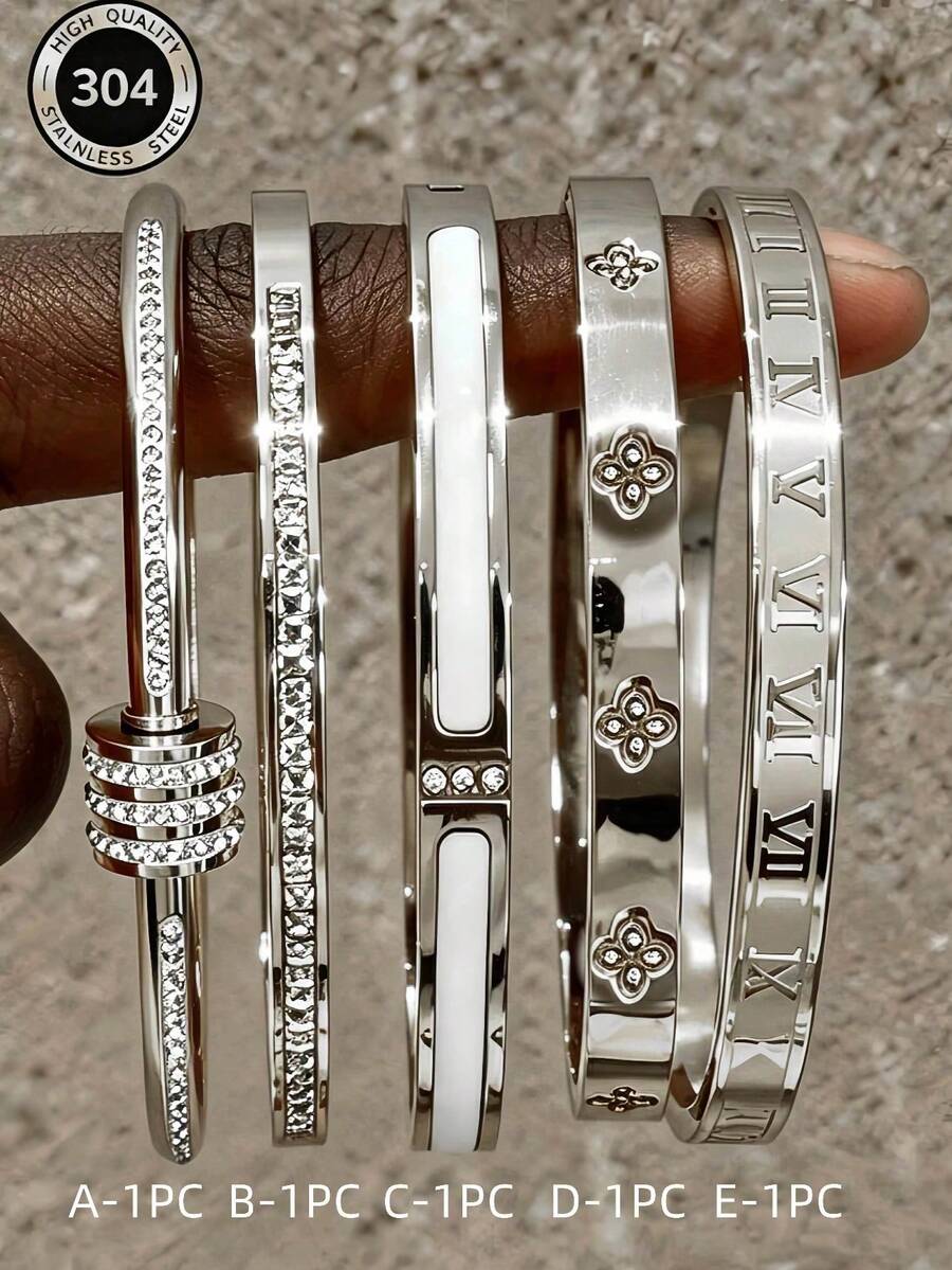 5pcs/1pc Minimalist Fashion Mother Of Pearl Four-Leaf Clover Roman Numeral Bracelet Set, Stackable Luxury Bracelets, Suitable For Back To School, Party, Banquet, Daily Wear, Commuting, Valentine's Day Gift - Silver - View 1