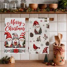 2pcs Christmas Vintage Gnome And Red Cardinal Pattern Kitchen Towels, Rectangular Microfiber Kitchen Towels, Dish Cloths, Scouring Pads, Hand Towels, Cooking Baking Tea Towels, Christmas Kitchen Decor, Housewarming Gift, Birthday Gift, Bathroom Cleaning Cloths, Decorative Towels - White - View 7