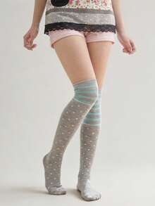 STAR RIVER 1 Pair Autumn/Winter Subculture Retro Mint Green & Grey Striped Polka Dot Contrast Lace Trim Over-The-Knee Socks, Sweet & Cool Y2K - Multicolor - View 4